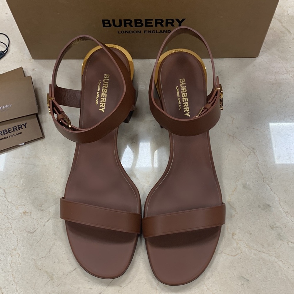 BURBERRY ALF HOLLYWELL 50 BLOCK HEEL SANDALS TAN WITH GOLD TB SIDE STRAP LOGO 40